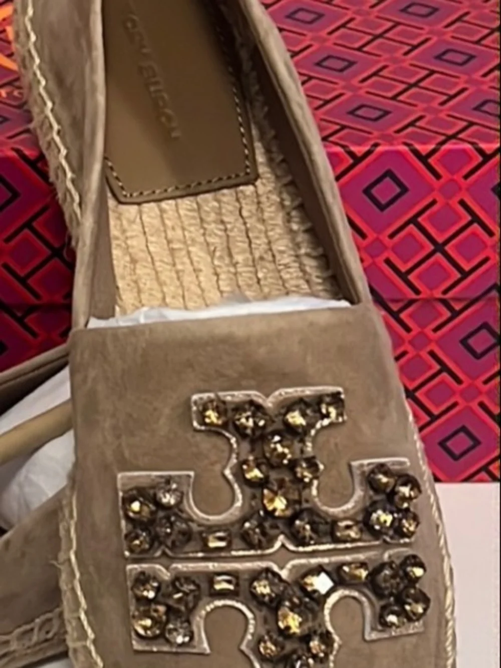 Tory Burch Beige Suede Espadrille Slip-Ons with Embellished Logo New never Worn